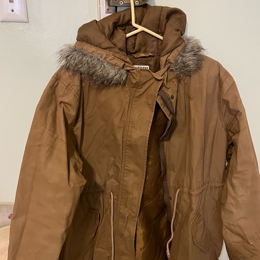 Old Navy Tan Hooded Utility Jacket With Faux Fur Trim
